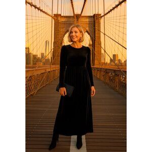 Bellamie Black Velvet Maxi Dress Elegant Event Empire Waist Long Sleeve Winter M